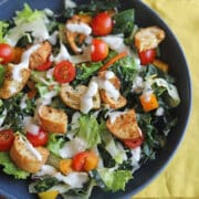 Crispy air fryer croutons in salad with vegan ranch dressing.