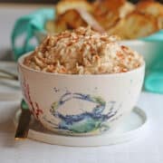 Vegan jackfruit crab dip in cashew sauce in bowl.
