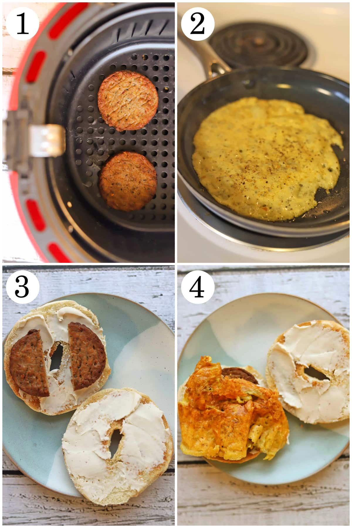 4-panel collage showing how to air fry vegan sausage, cook JUST Egg in skillet, add sausage to bagel with non-dairy cream cheese, and add JUST Egg.