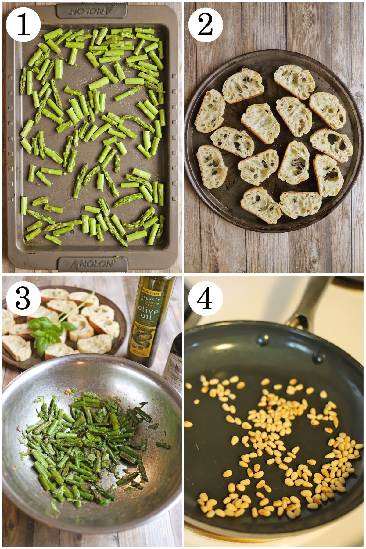 4-panel collage showing how to roast asparagus pieces, toast, bread slices, season asparagus, and toast pine nuts in skillet.