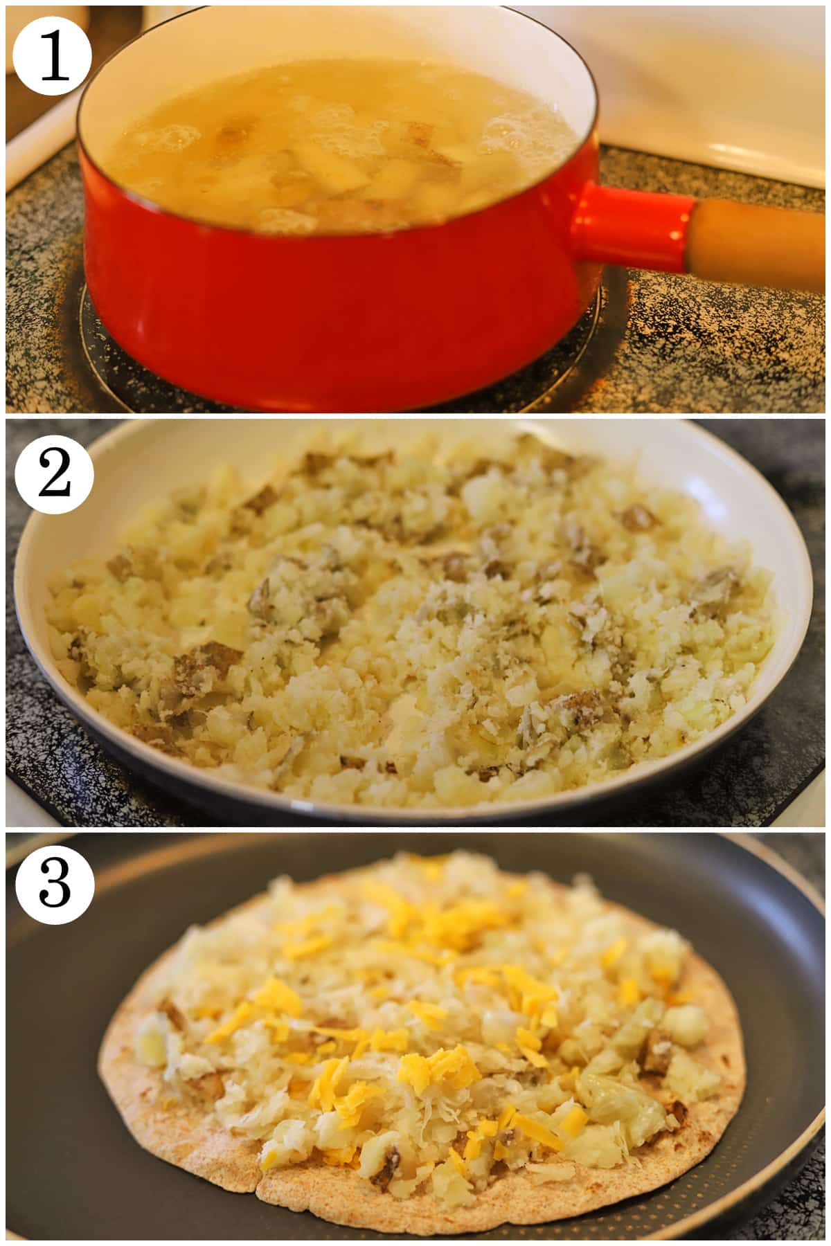 3-panel collage showing how to boil potatoes, brown mashed potato filling in skillet, and compile vegan quesadilla in pan.