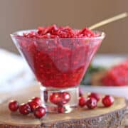 Cranberry salsa with orange juice in short martini glass by fresh cranberries.