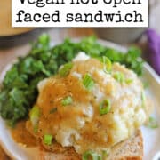 Text overlay: cadryskitchen.com, vegan hot open faced sandwich. Mashed potatoes and gravy on top of vegan turkey on wheat bread.