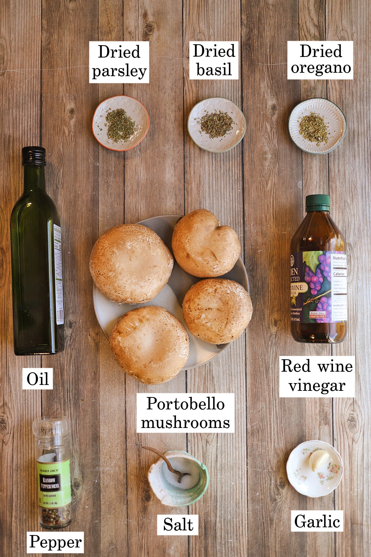 Labeled ingredients for grilled portobello mushrooms.