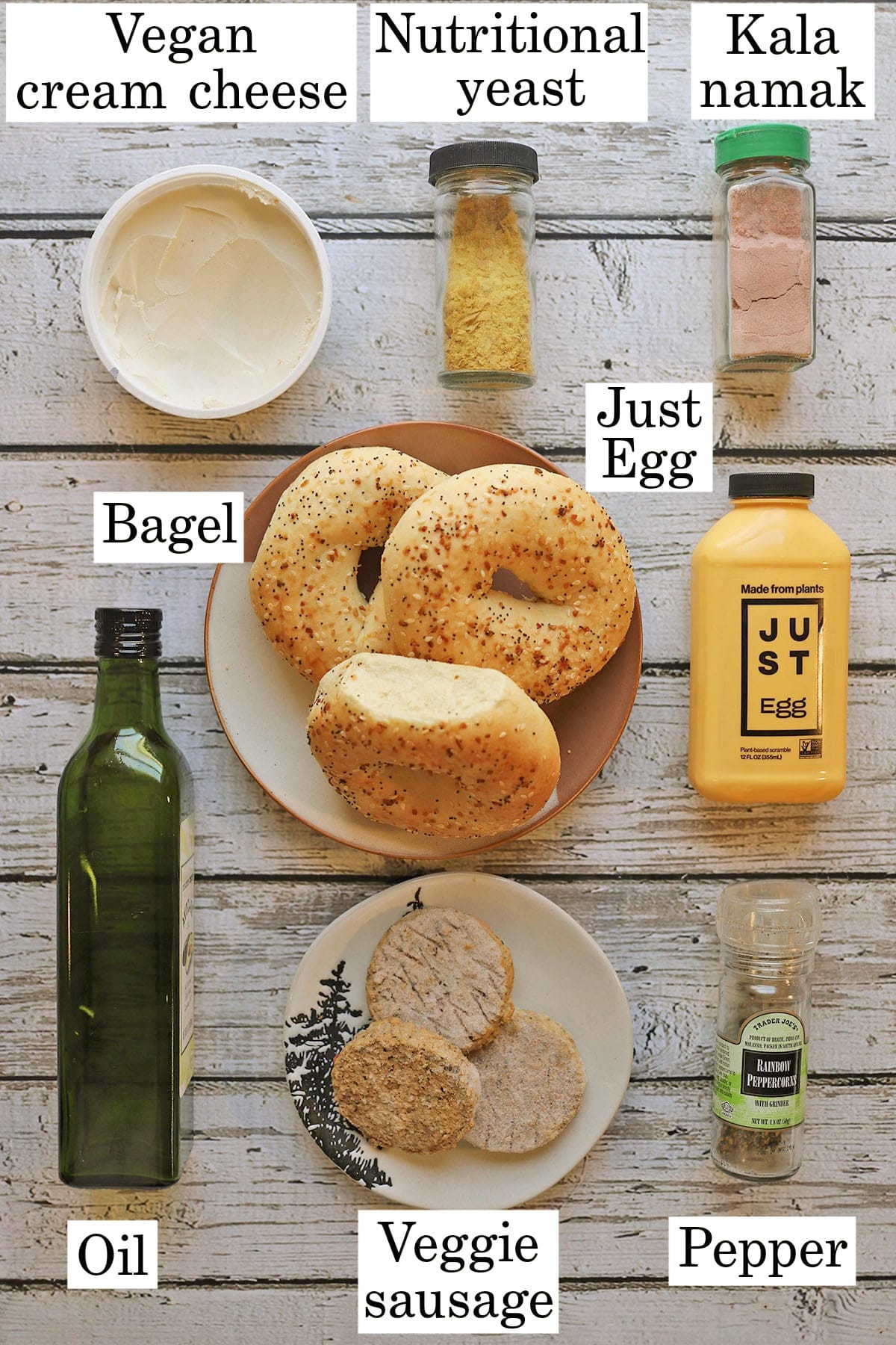 Labeled ingredients for vegan breakfast bagel sandwich.