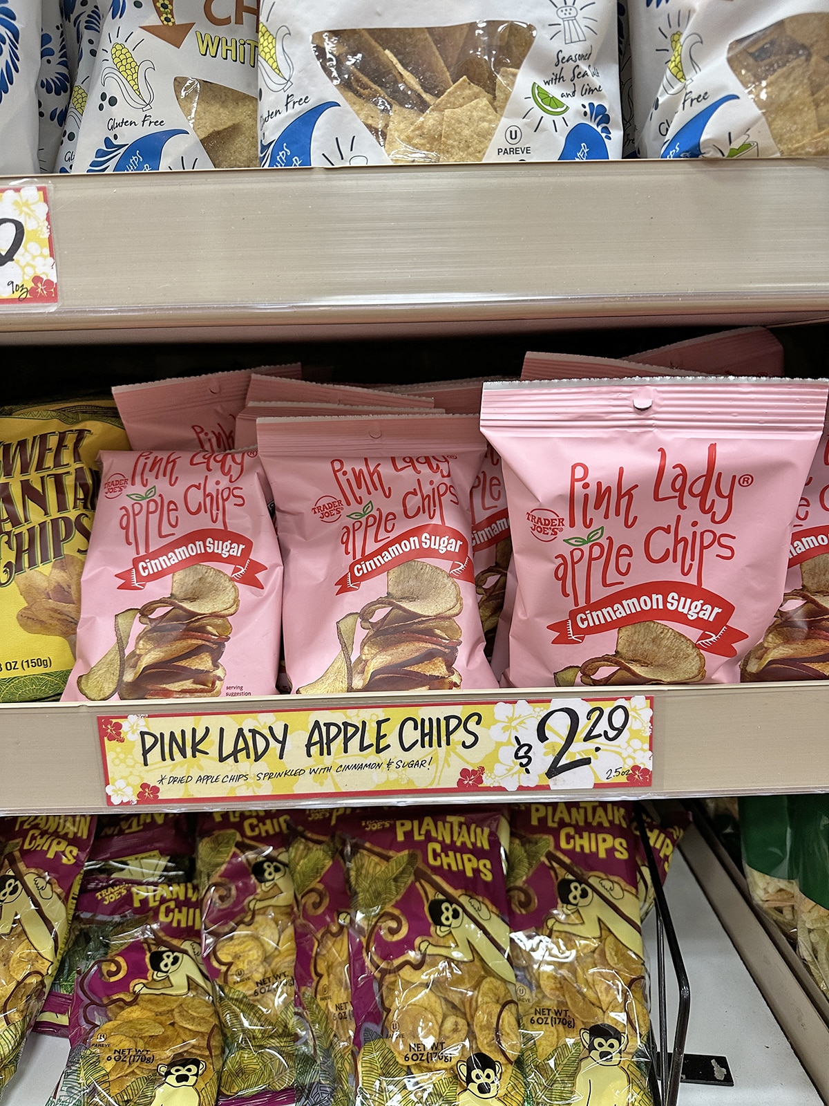 Pink Lady apple chips on display at Trader Joe's.
