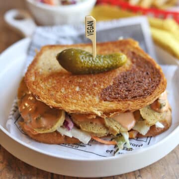 Vegan Rachel sandwich with seitan chicken & coleslaw.