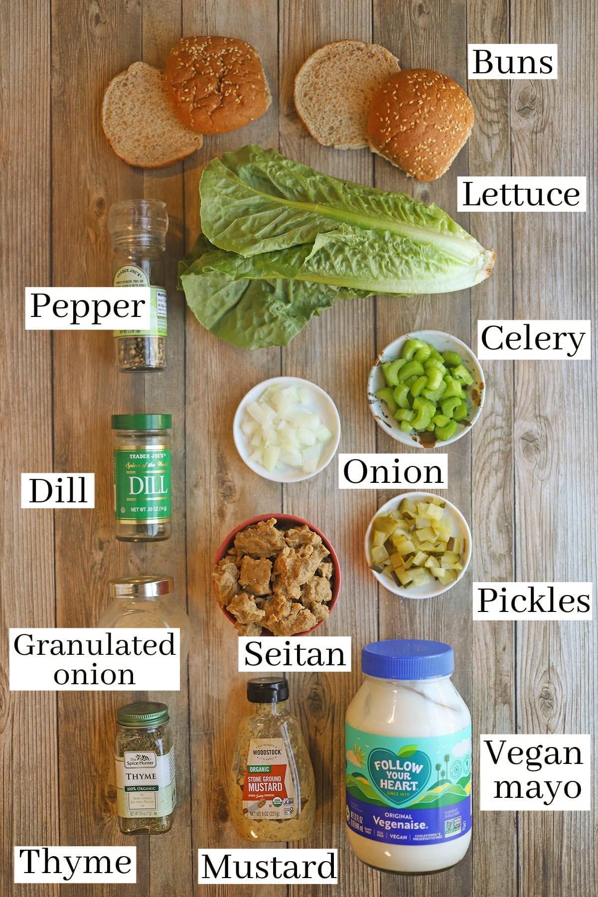 Labeled ingredients for vegan chicken salad sandwich.