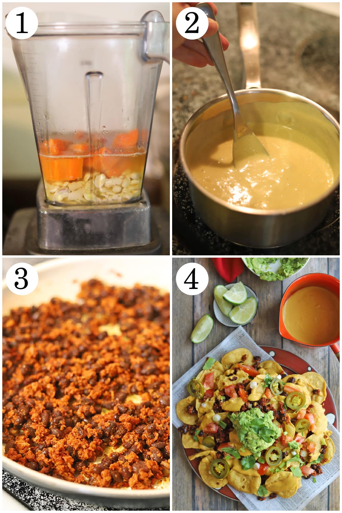 4-panel collage showing how to blend cashew queso ingredients, thicken in sauce pot, make soyrizo black bean. mixture, and compile on platter with toppings.
