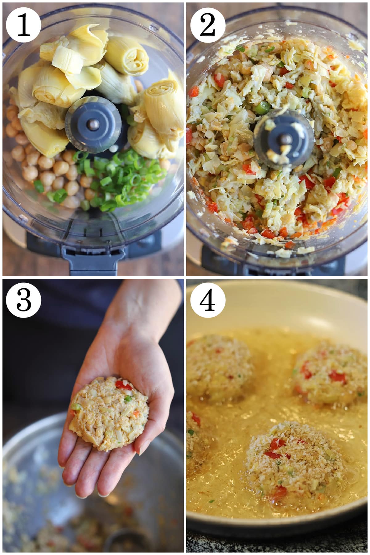 4-panel collage showing how to put ingredients in food processor, blend, form into cakes, and pan fry.