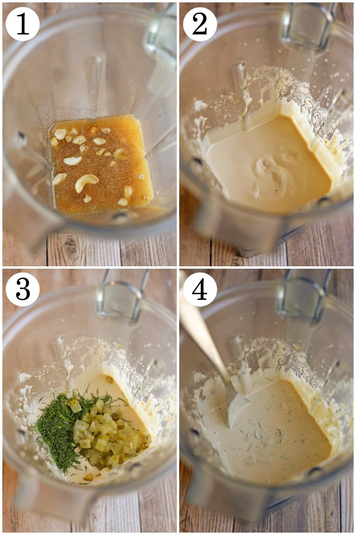 4-panel collage showing how to add ingredients to blender, blend, add dill pickles & celery, and combine with a spoon.