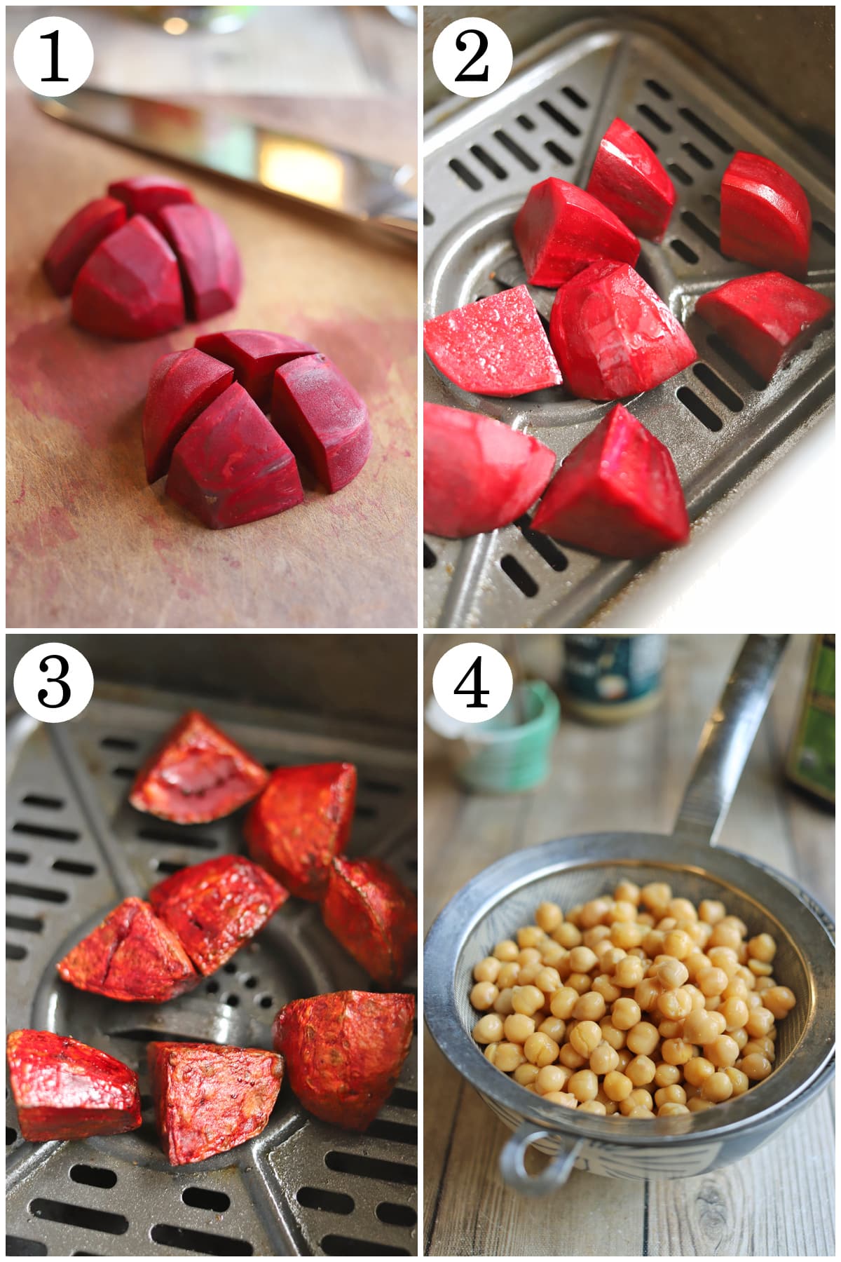 4-panel collage showing how to cut beets, air fry until browned, and drain chickpeas.