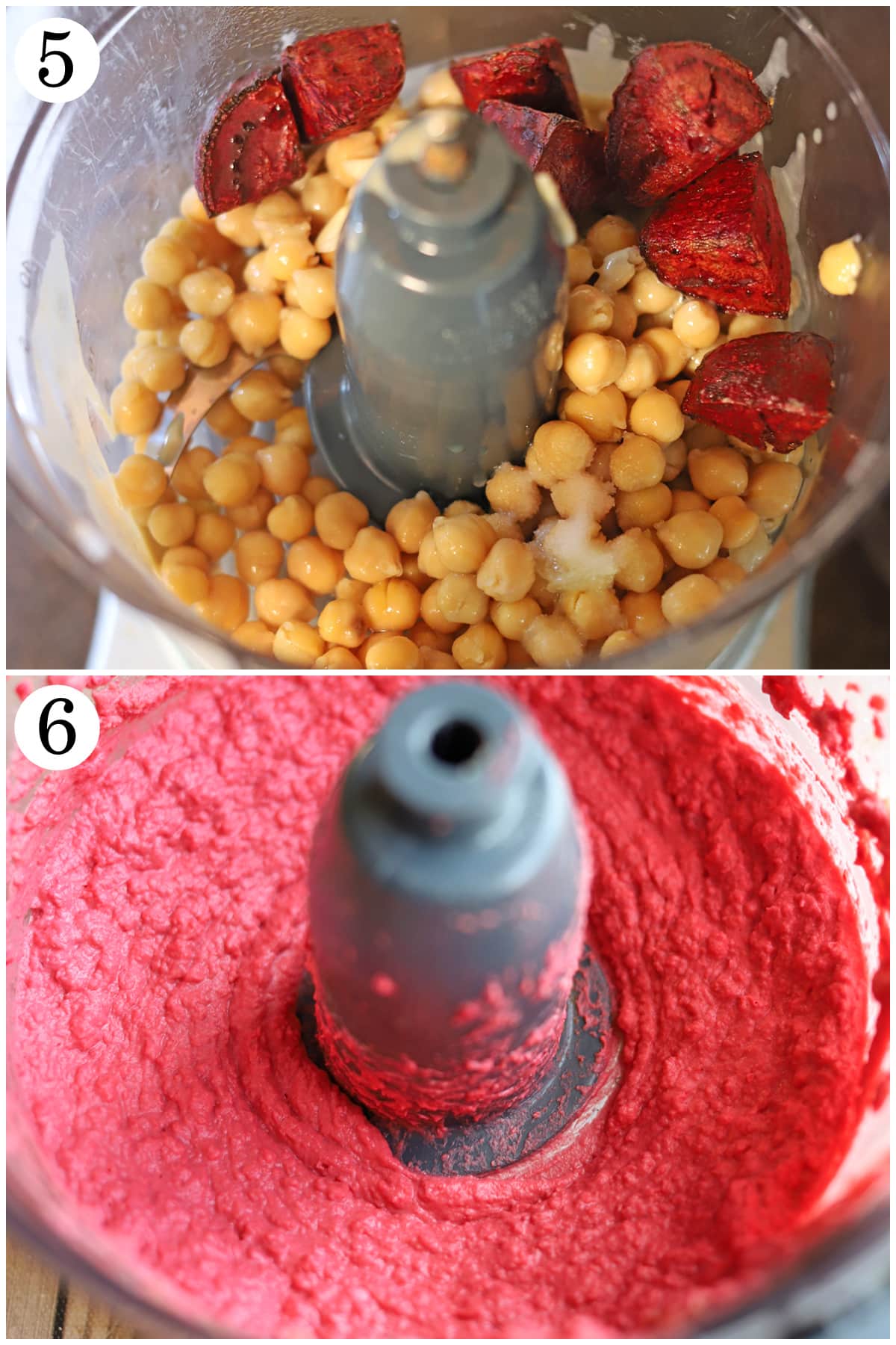 Two-panel collage showing how to add beet hummus into food processor and blend until creamy.
