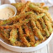Crispy asparagus fries in panko coating with chili crisp dipping sauce.