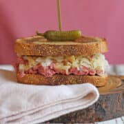 Vegan jackfruit reuben with sauerkraut on marbled rye.