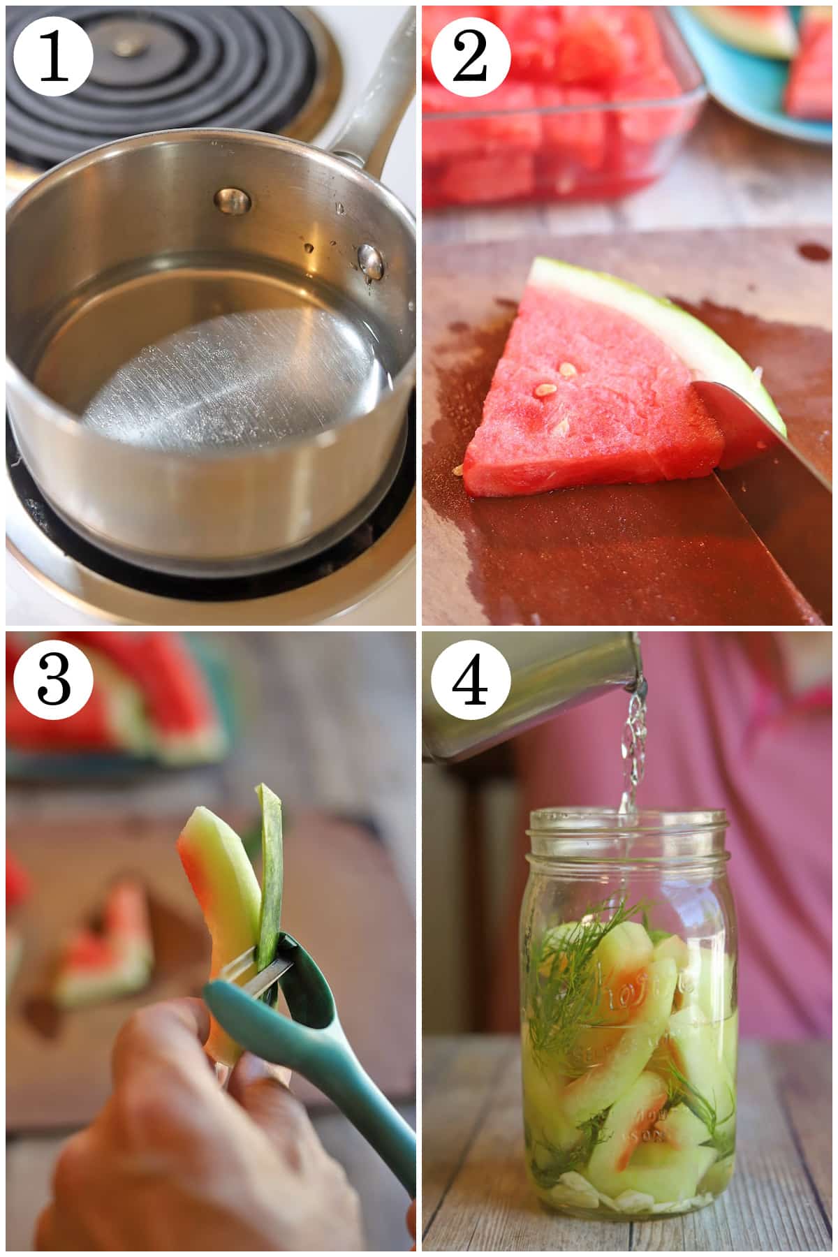 4-panel collage showing how to make brine, cut off watermelon rind, peel, and cover with brine in jar.