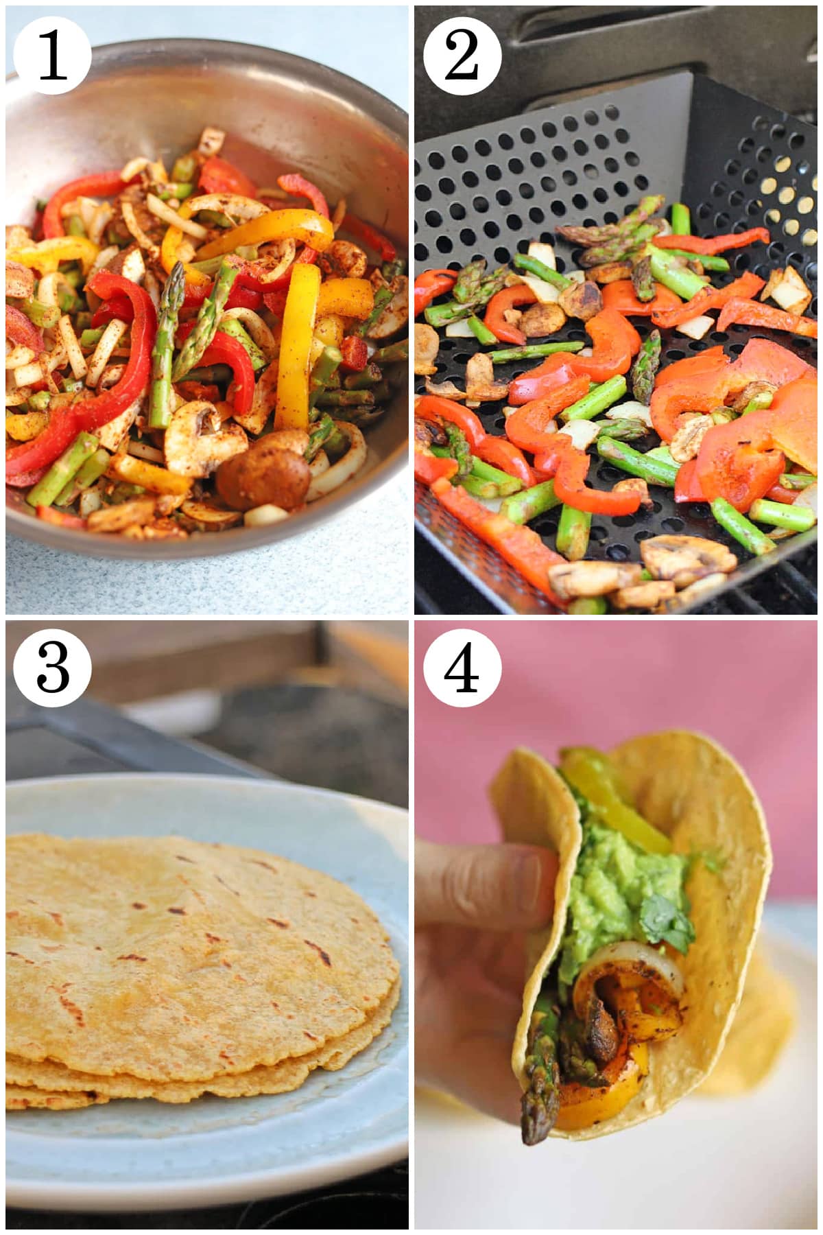 4-panel collage showing how to toss sliced vegetables in spices, grill in an outdoor grill basket, warm corn tortillas, and compile with toppings.