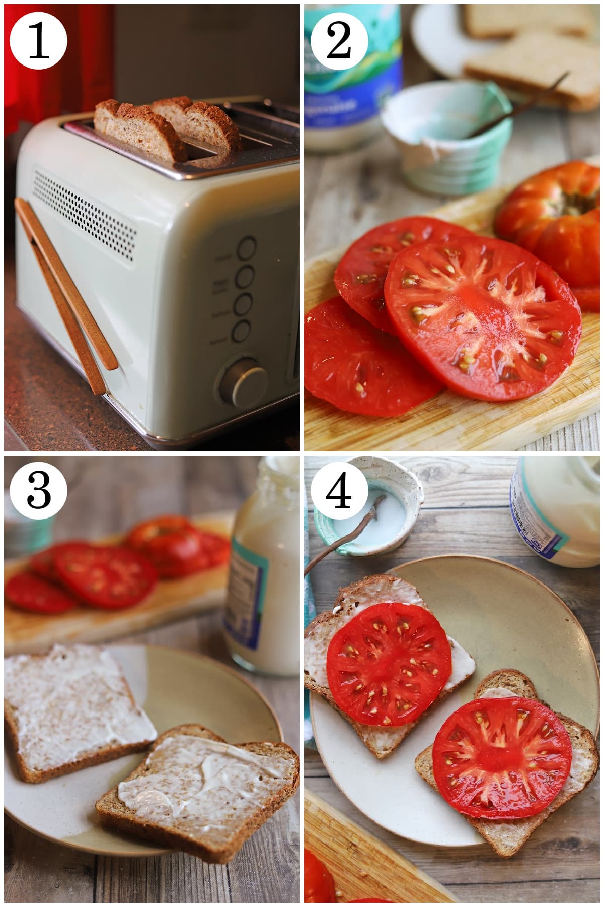 4-panel collage showing how to toast bread, thickly slice tomatoes, slather bread with vegan mayonnaise, and compile into tomato sandwich.