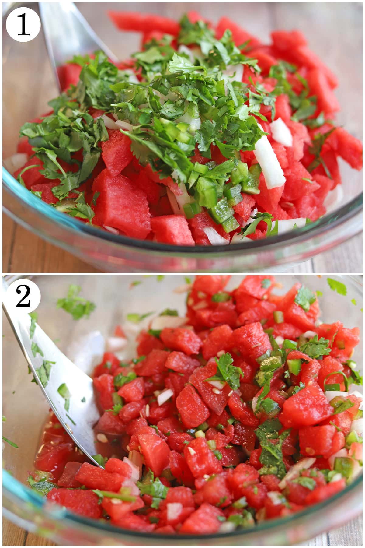 2-panel collage showing how to add watermelon salsa ingredients to bowl and combine with spoon.