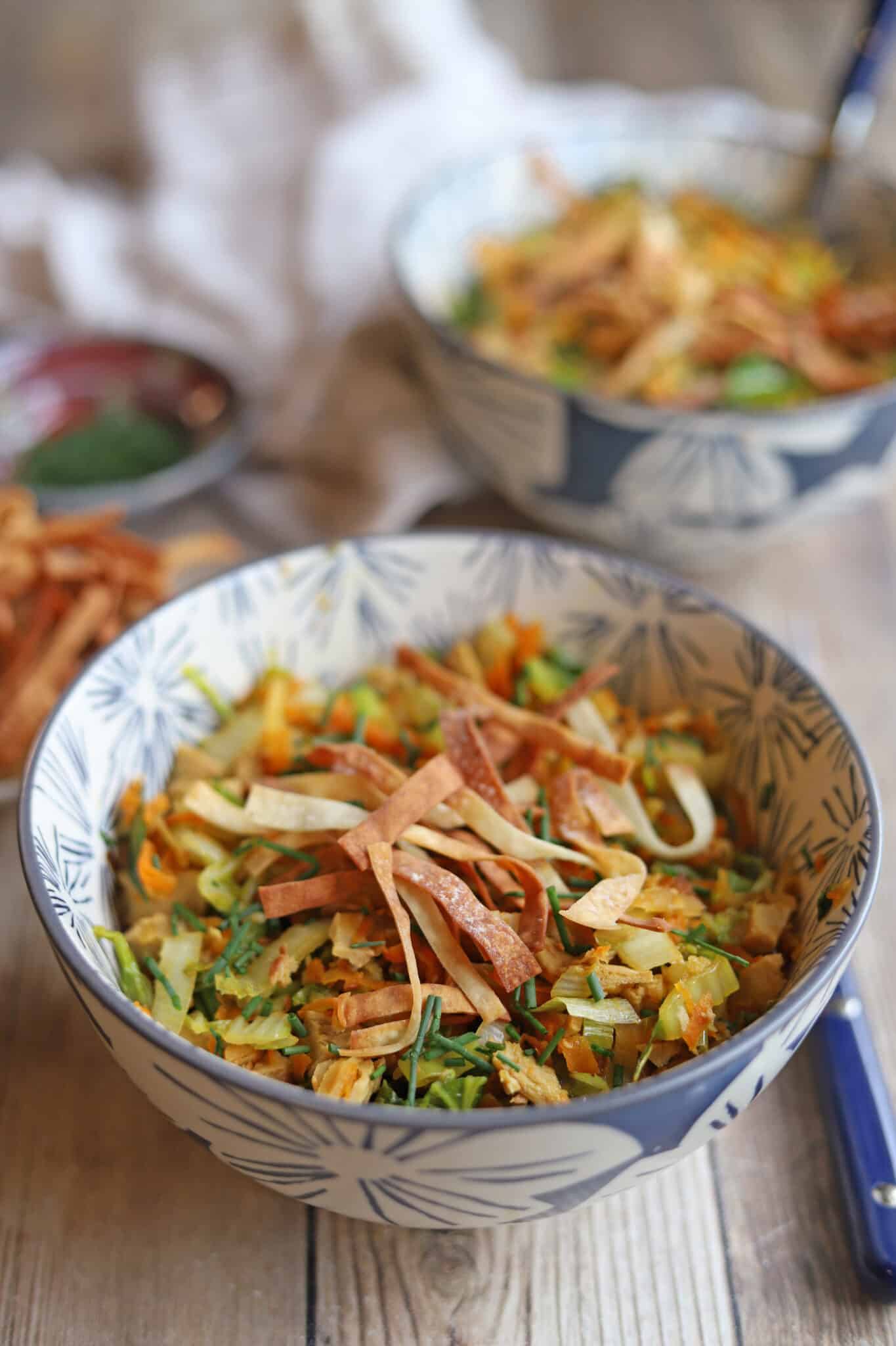 Crunchy air fryer wonton wrappers on napa cabbage bowls with carrots and vegan chicken.