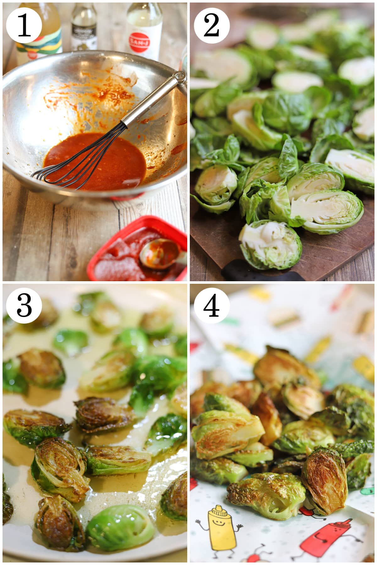 4-panel collage: combining gochujang sauce in bowl, halving Brussels sprouts, frying Brussels sprouts in a pan, and draining them.