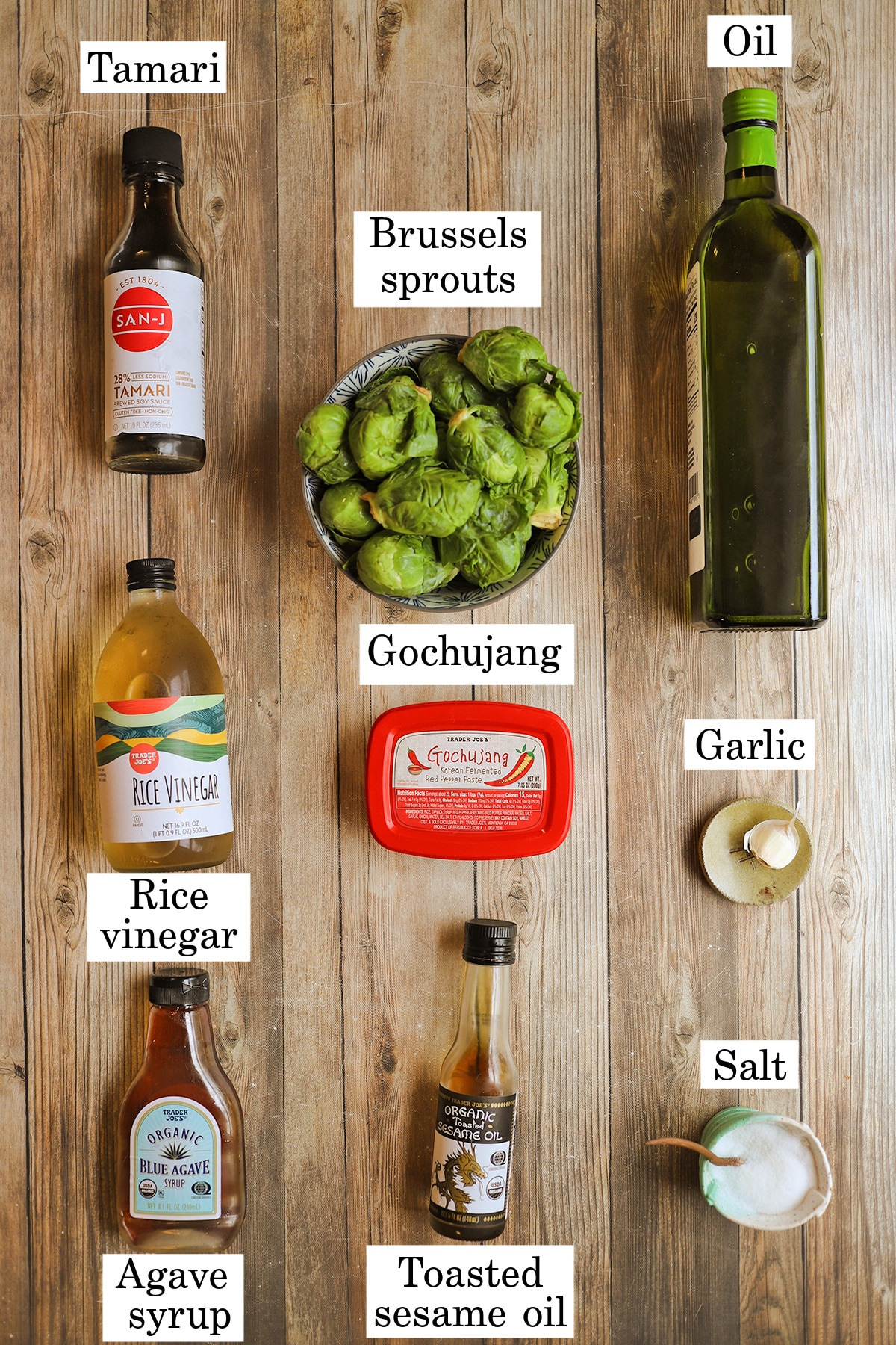 Labeled ingredients for pan-fried Brussels sprouts with gochujang glaze.