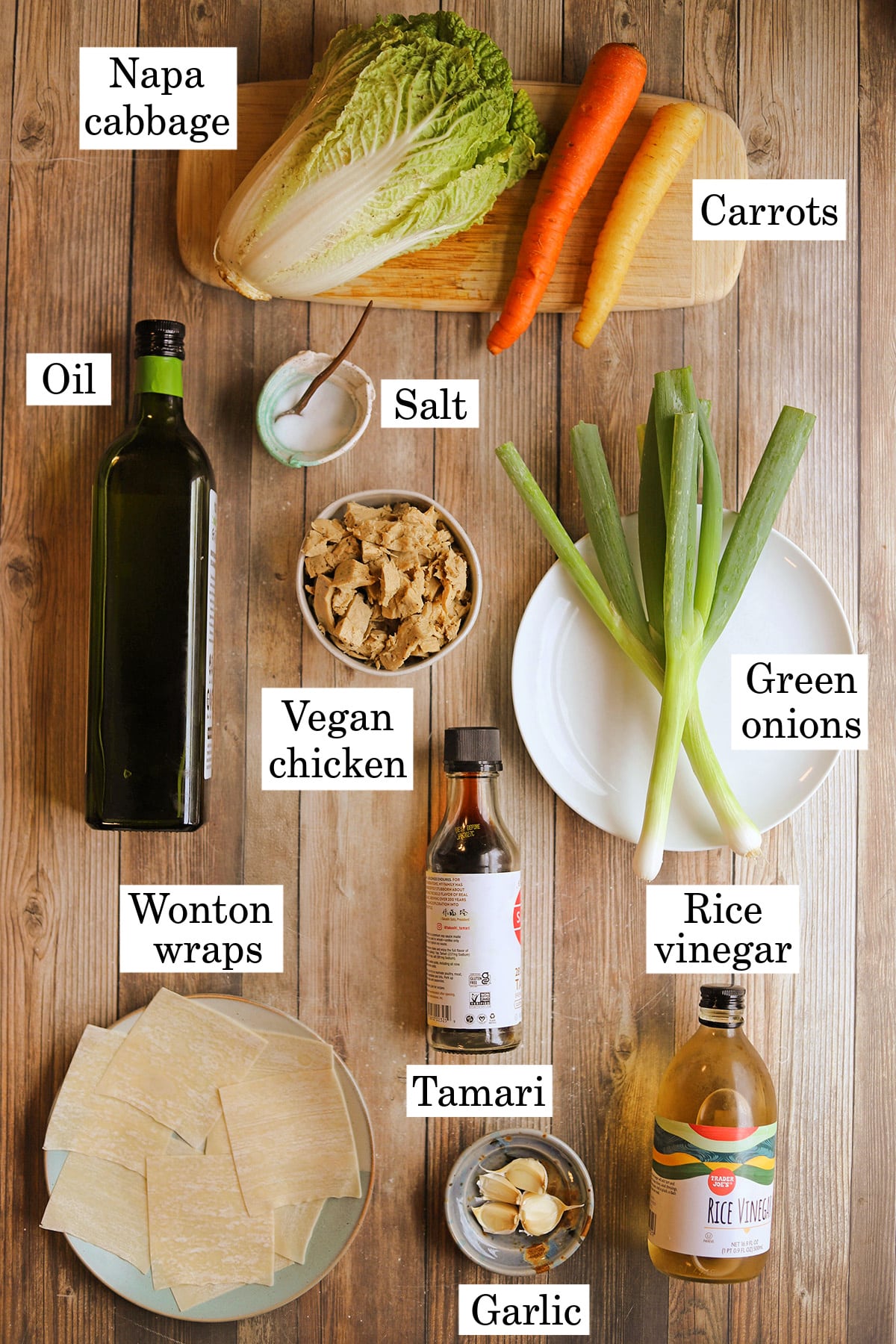 Labeled ingredients for easy, healthy vegan egg roll in a bowl recipe.