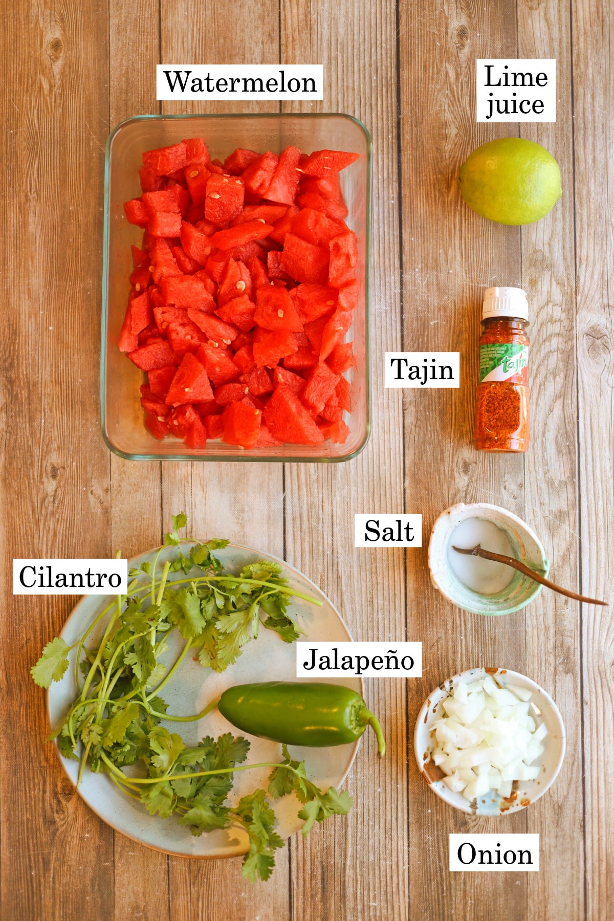 Labeled ingredients for watermelon salsa.