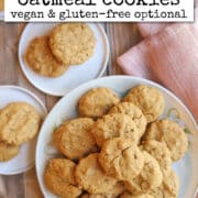 Text overlay: cadryskitchen.com, peanut butter oatmeal cookies, vegan & gluten-free optional. Platter of cookies with napkin.