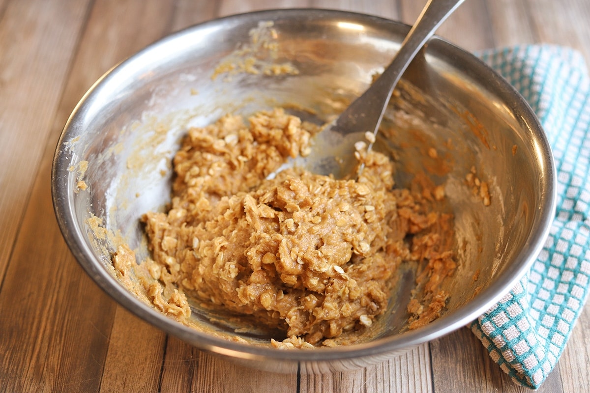Vegan and gluten-free peanut butter & oatmeal cookie batter in bowl with spoon.
