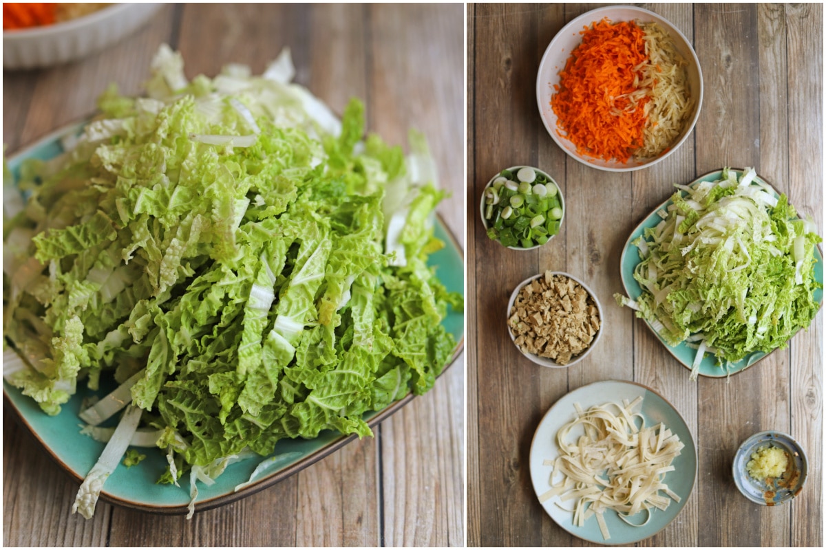 2-panel collage showing how to slice napa cabbage, shred carrots, slice green onion, chop vegan chicken, mince garlic, and slice wonton wrappers.