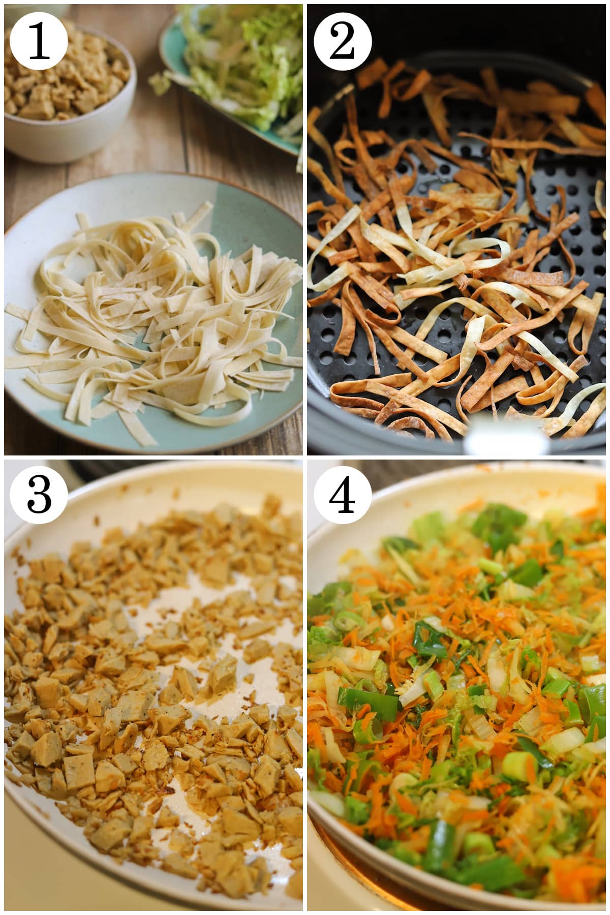 4-panel collage showing how to slice wonton wraps, air fry until crispy, brown vegan chicken in a skillet, then add remaining vegetables and seasonings.