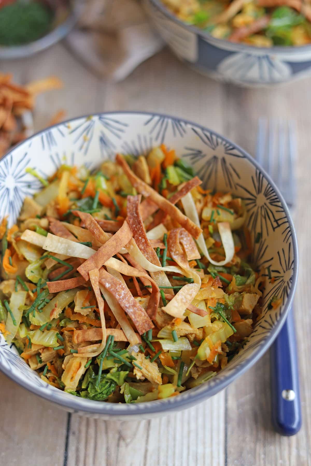 Crispy air fryer wontons on napa cabbage bowl with carrots and green onion.