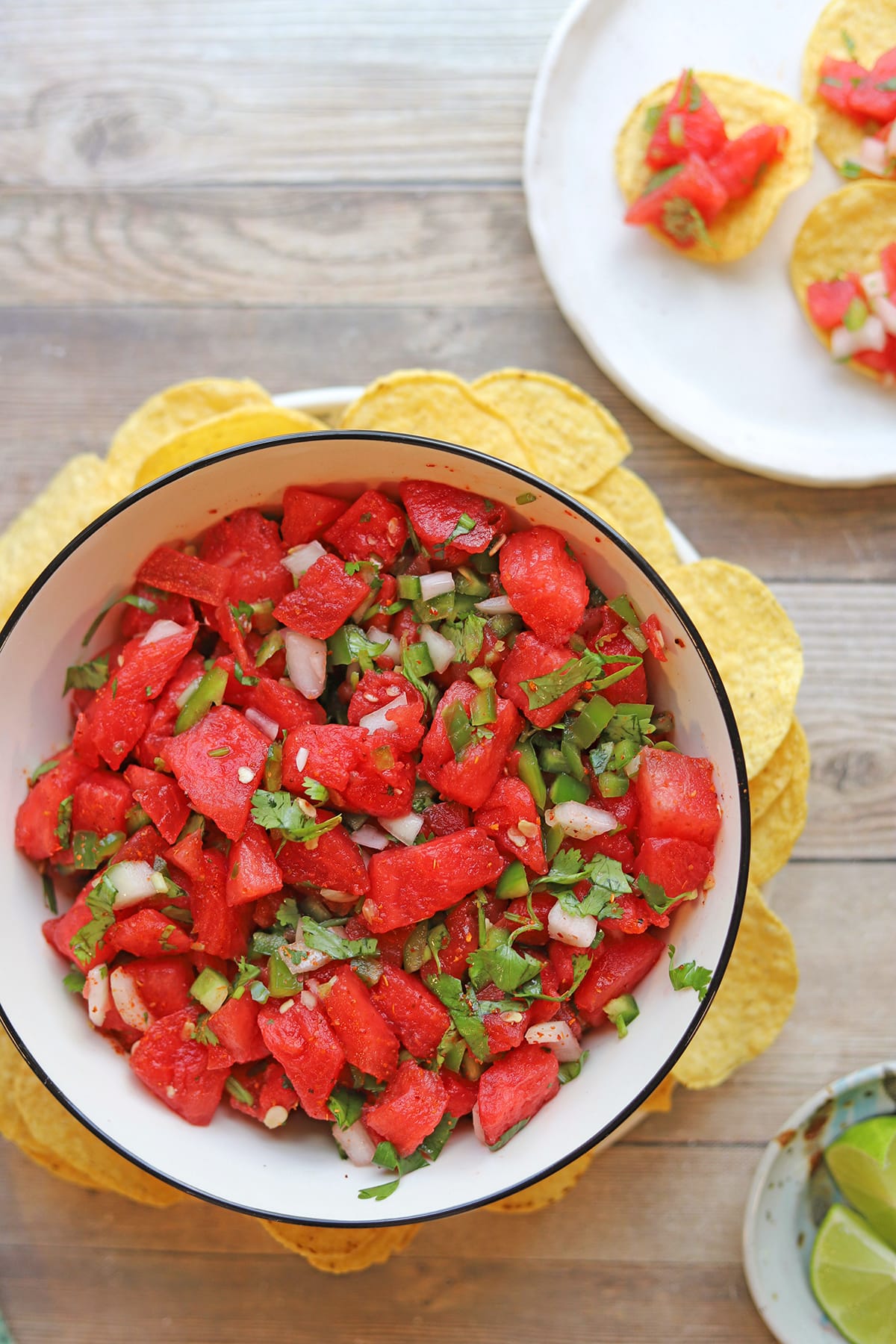 Fruity watermelon salsa with tortilla chips.