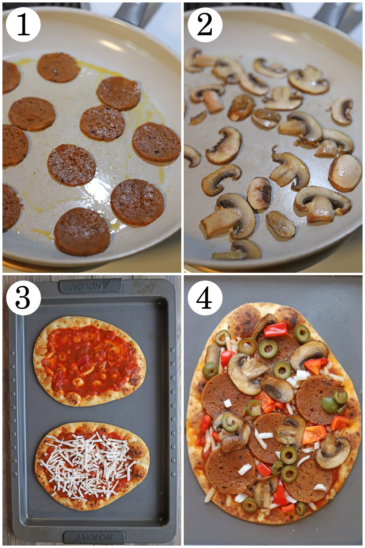4-panel collage showing how to brown vegan pepperoni in skillet, brown mushrooms, top flatbreads with marinara and vegan cheese on a baking sheet, add remaining toppings and bake until golden.