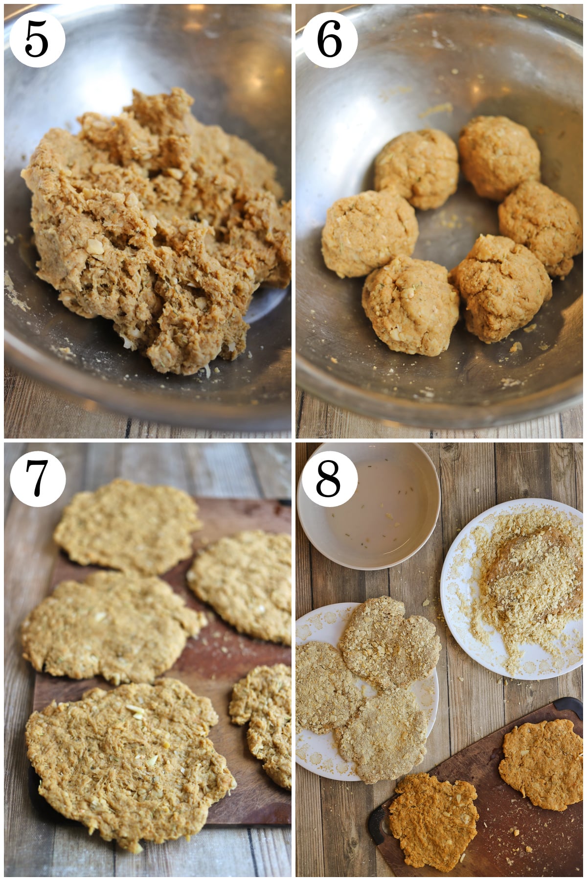 4-panel collage showing how to develop gluten in seitan, roll into balls, flatten into patties, and bread in saltine crackers.