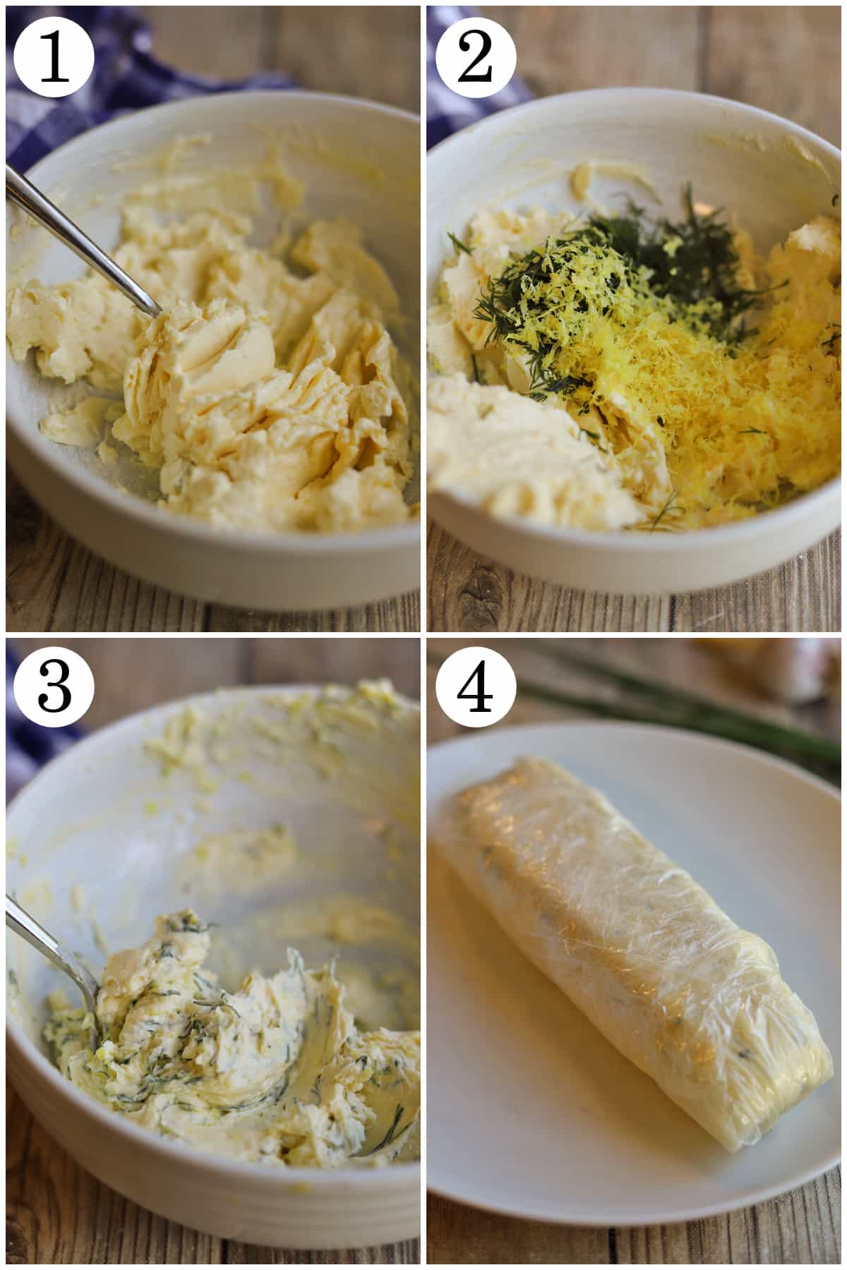 4-panel collage showing how to whip non-dairy butter in bowl, add lemon zest & dill, combine, and then form into a log with plastic wrap.