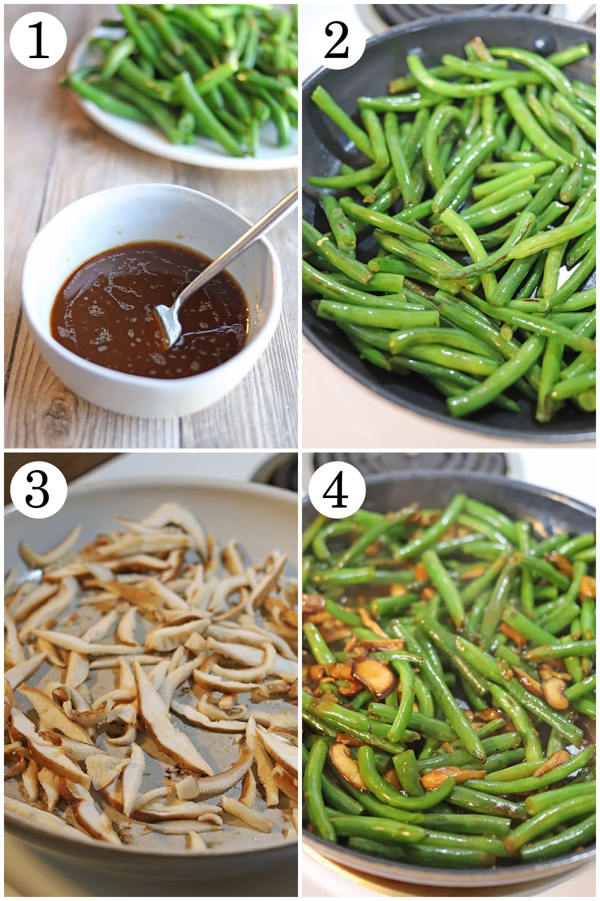 4-panel collage showing how to make sesame soy sauce, brown green beans, soften shiitake mushrooms, and combine in a skillet.