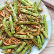 Saucy green beans and shiitake mushrooms stir-fried in sesame soy sauce.