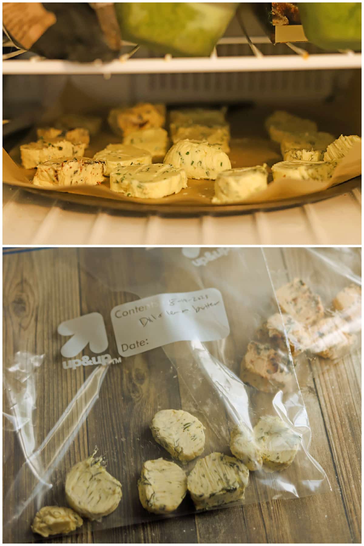 2-panel collage showing how to freeze vegan compound butter in slices, and then freeze in freezer bags for easy use.