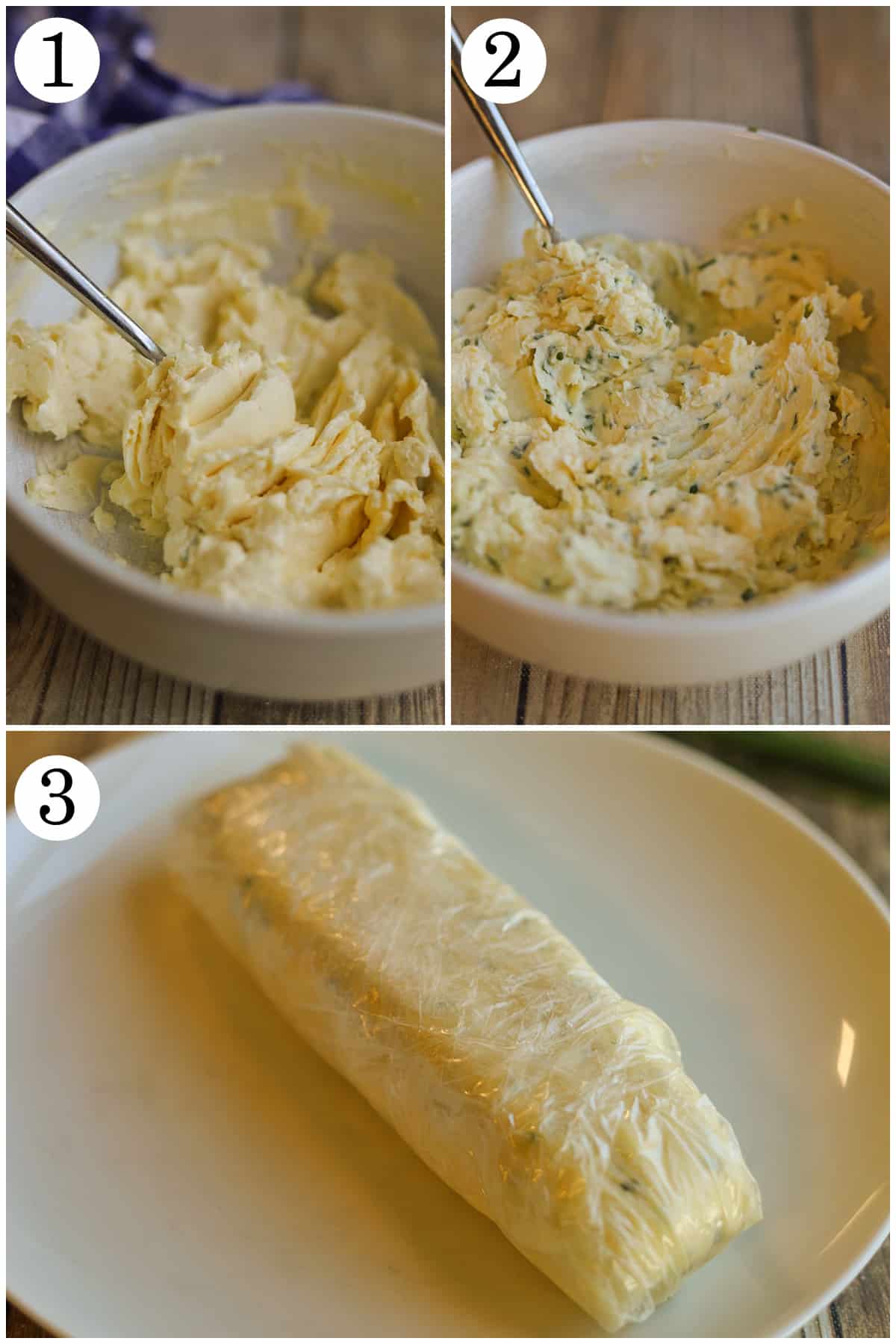 3-panel collage showing how to whip vegan butter in bowl, add chives & garlic, and roll into log in plastic wrap.