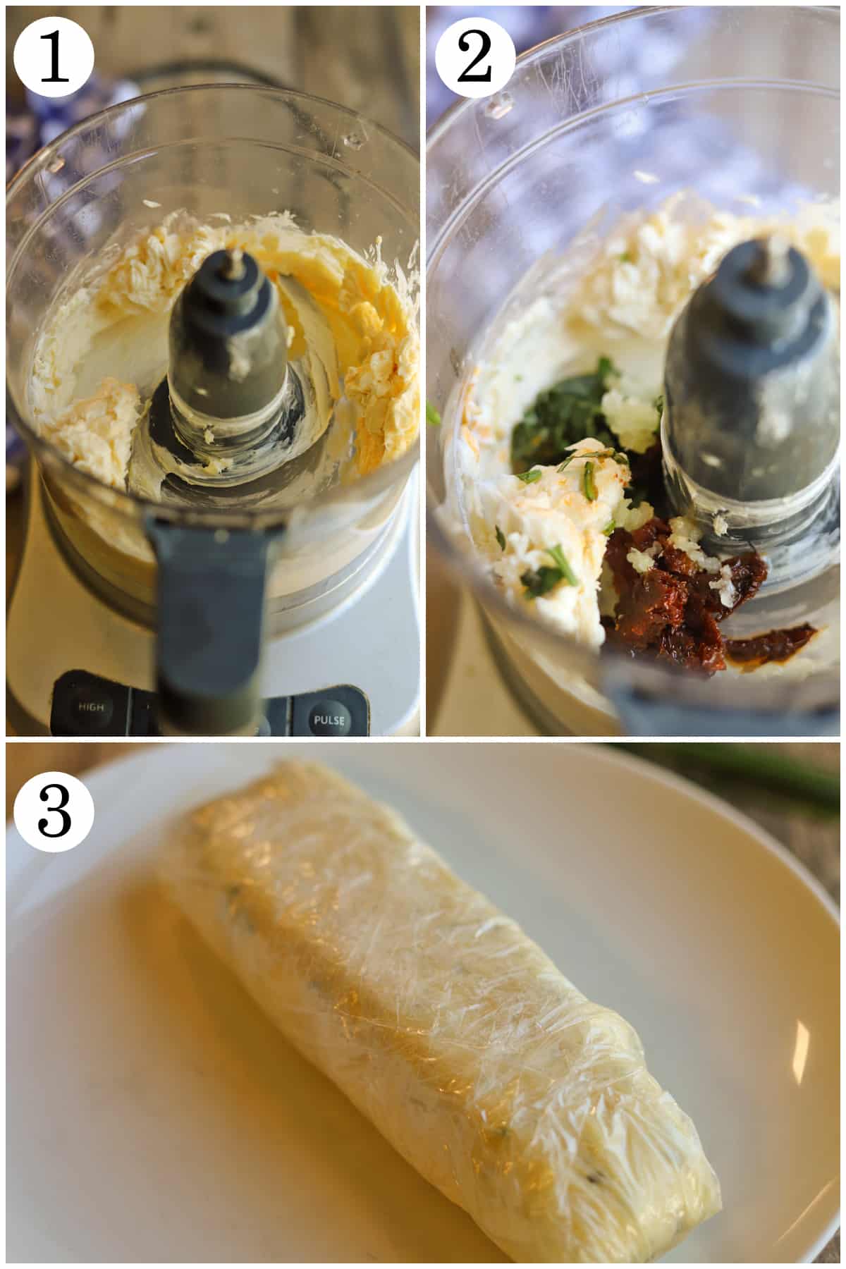 3-panel collage showing how to whip butter in food processor, add basil, garlic, and sun-dried tomatoes, and roll into a log in plastic wrap.