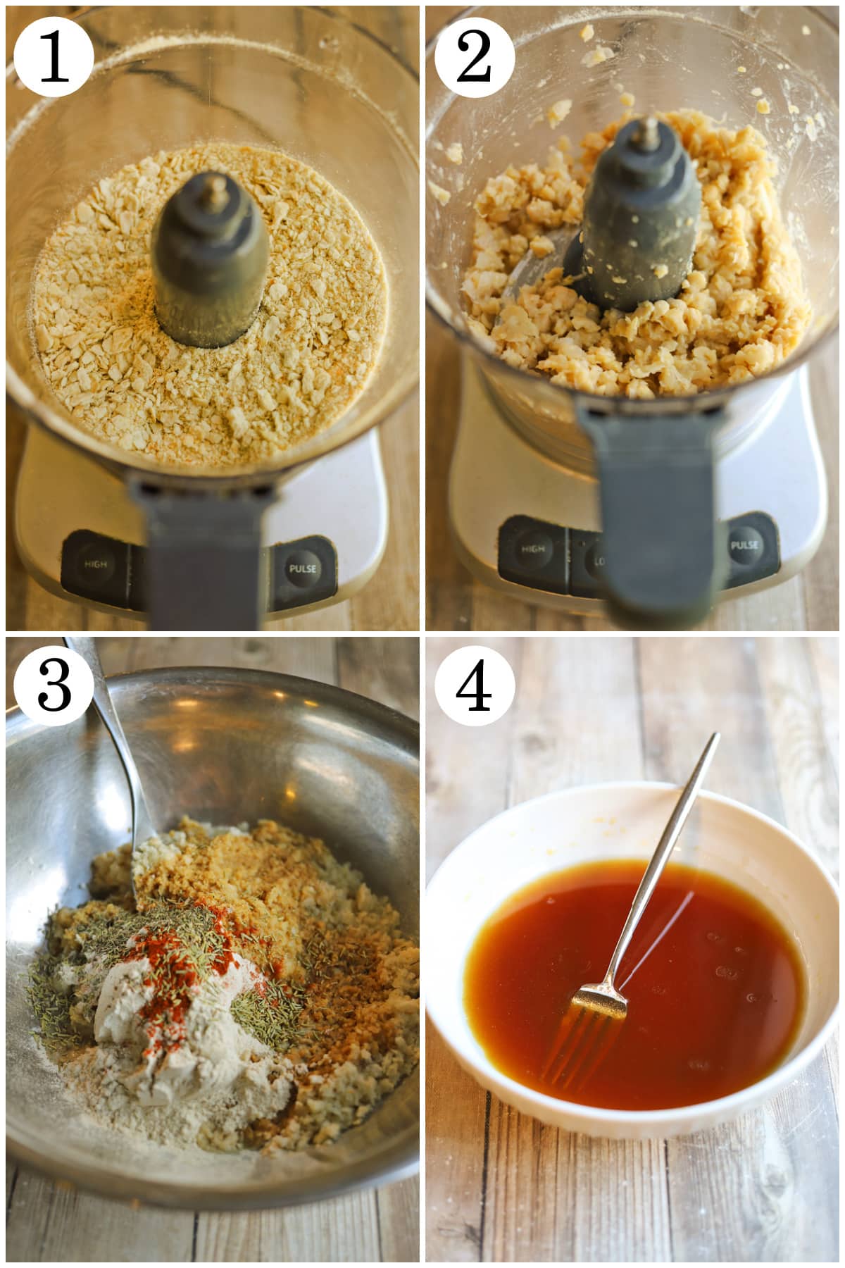 4-panel collage showing how to break saltines into crumbs, crumble chickpeas, mix dry schnitzel ingredients, and combine wet schnitzel ingredients.