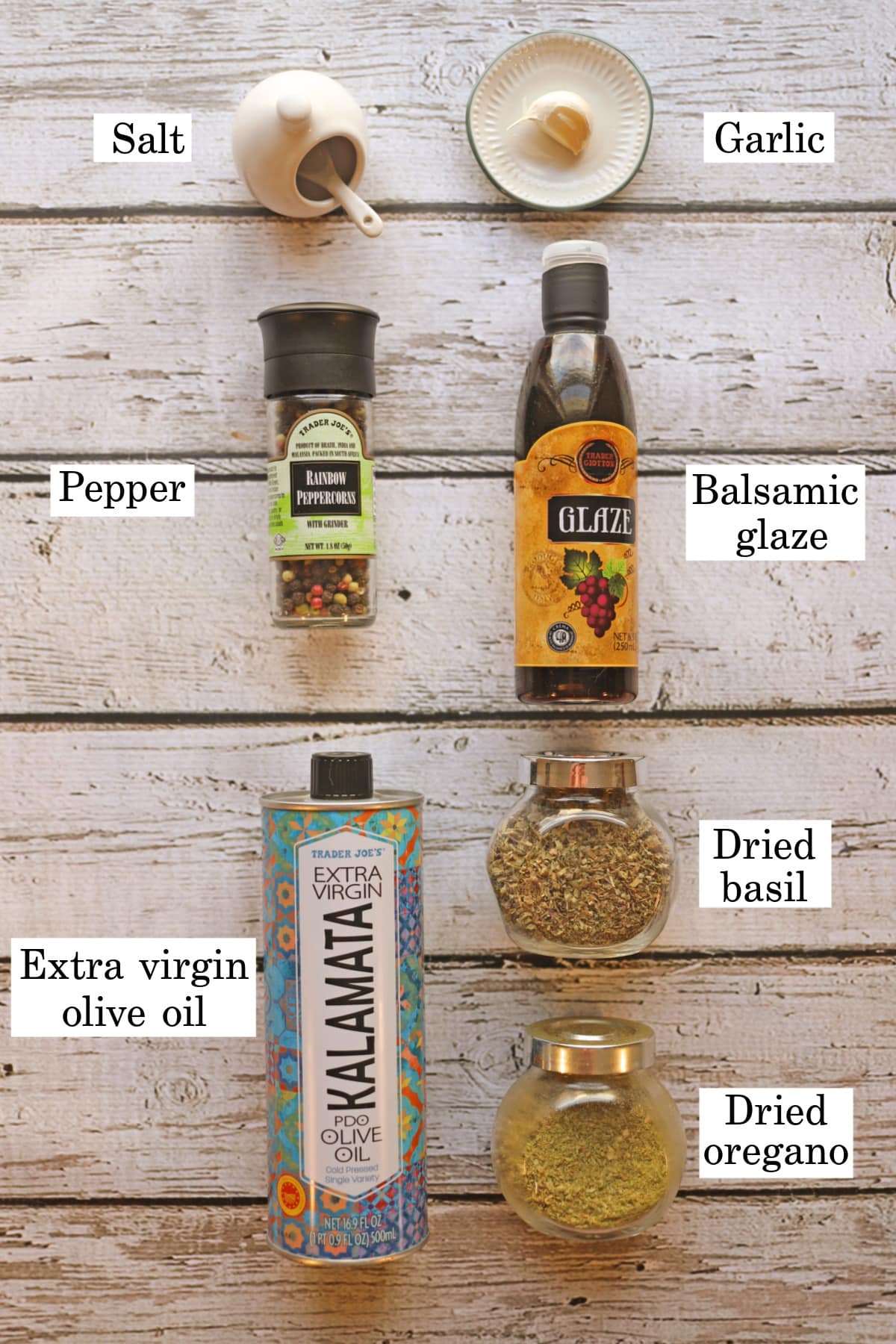 Labeled ingredients for olive oil bread dip,