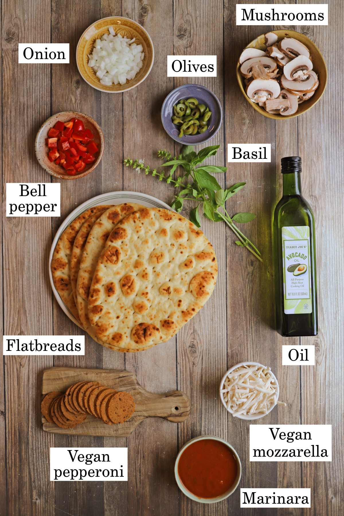 Labeled ingredients for naan flatbread pizza.