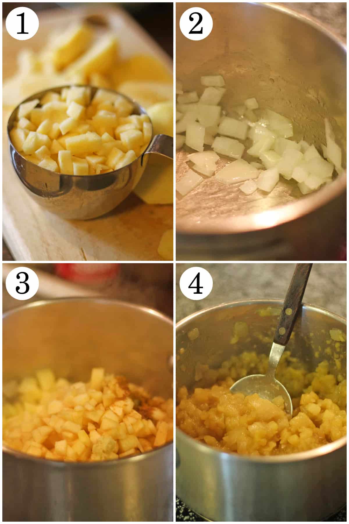 Collage showing how to make apple chutney with diced apples, sauteed onions, add spices, and cook until soft.