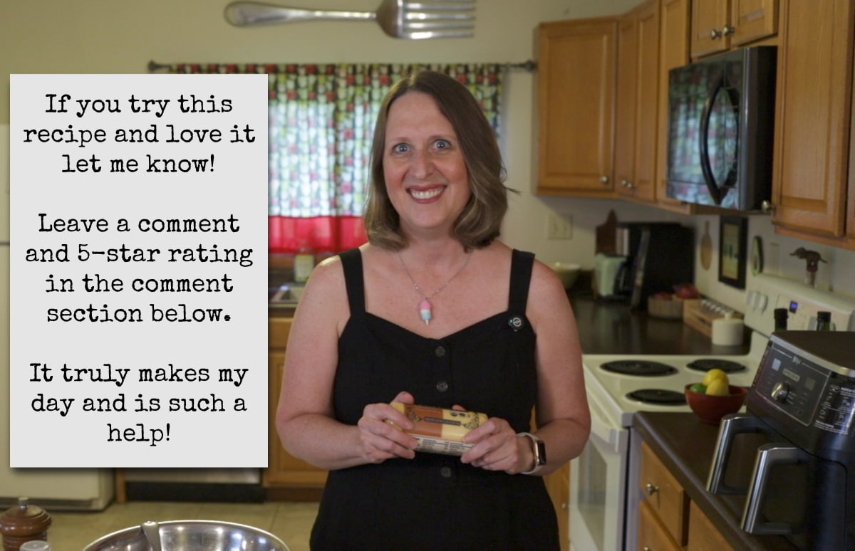 Cadry holding tube of polenta. Text says, "If you try this recipe and love it let me know! Leave a comment and 5-star rating in the comment section below. It truly makes my day and is such a help!"