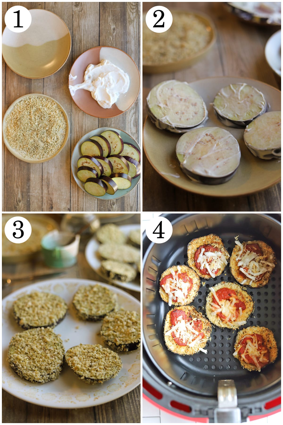 4-panel collage showing how to make breading station, line eggplant slices with vegan mayo, bread in seasoned panko, and air fry until crispy.