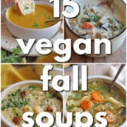 4-panel collage with squash soup, wild rice soup, gnocchi soup, and vegan chicken noodle soup. Text overlay: 15 vegan fall soups, get the details at cadryskitchen.com.