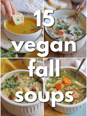 4-panel collage with squash soup, wild rice soup, gnocchi soup, and vegan chicken noodle soup. Text overlay: "15 vegan fall soups."